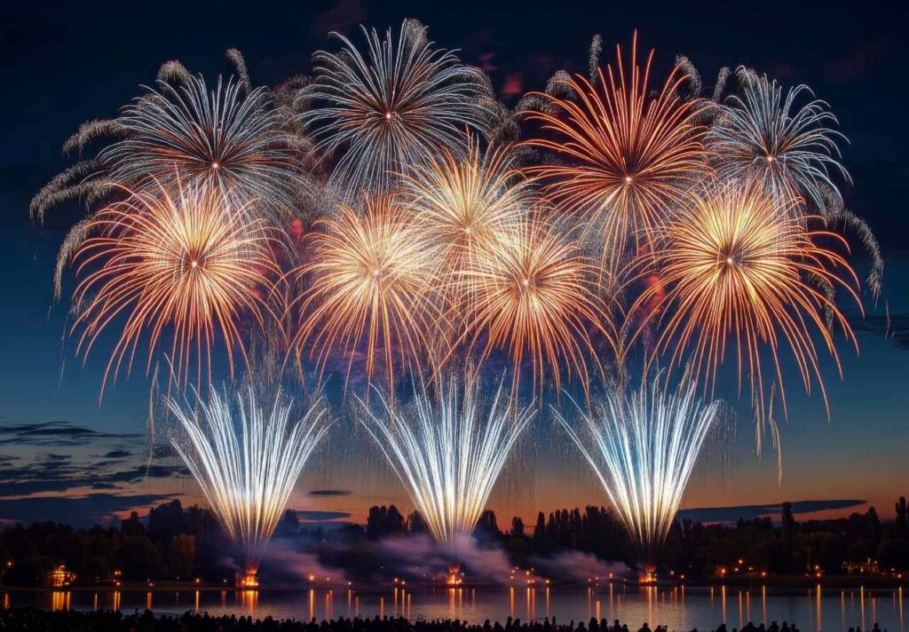 A spectacular finale of fireworks, with layers of colors and light filling the sky