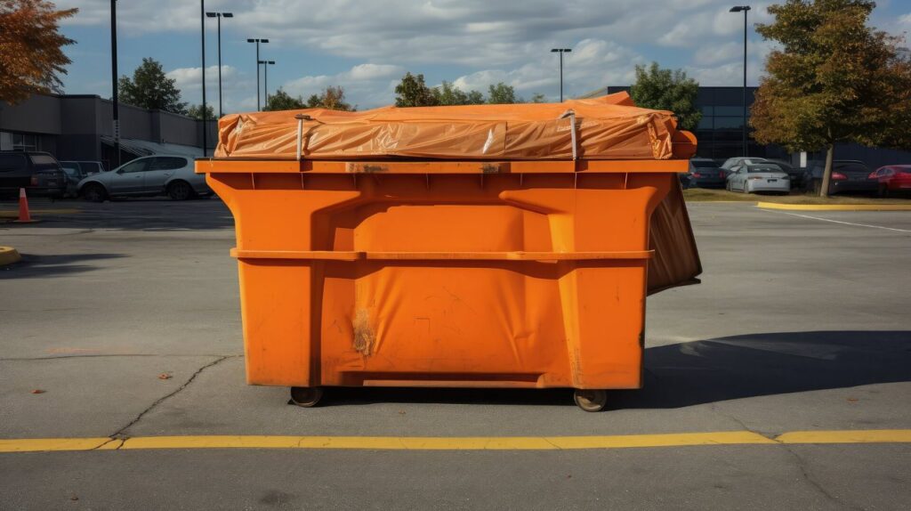 yellow dumpster in the middle of a parking lot