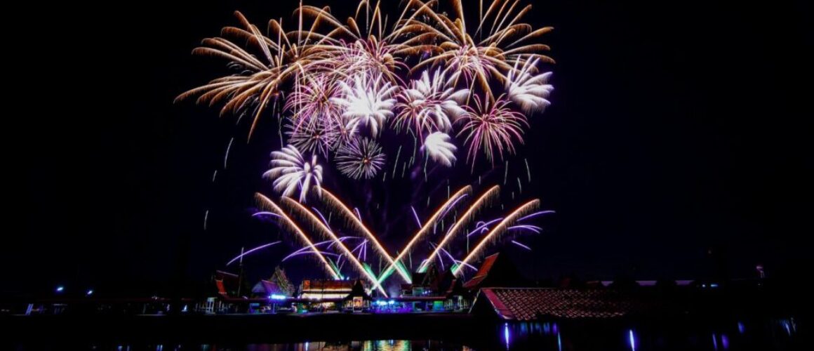 fireworks over a temple in the dark sky