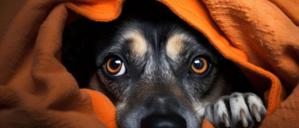 scared dog peeking out from a cozy blanket
