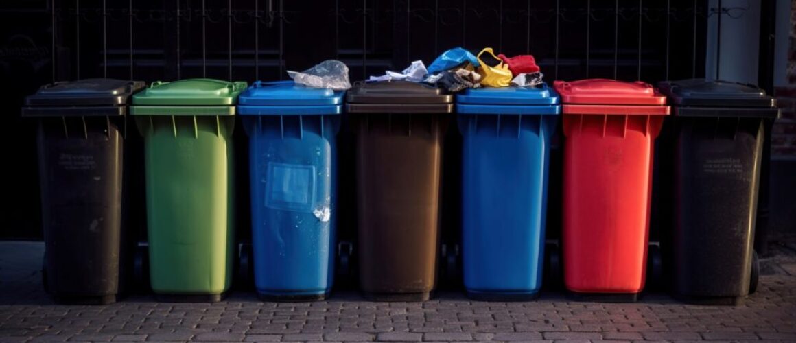 Collection of waste bins full of different types of garbage