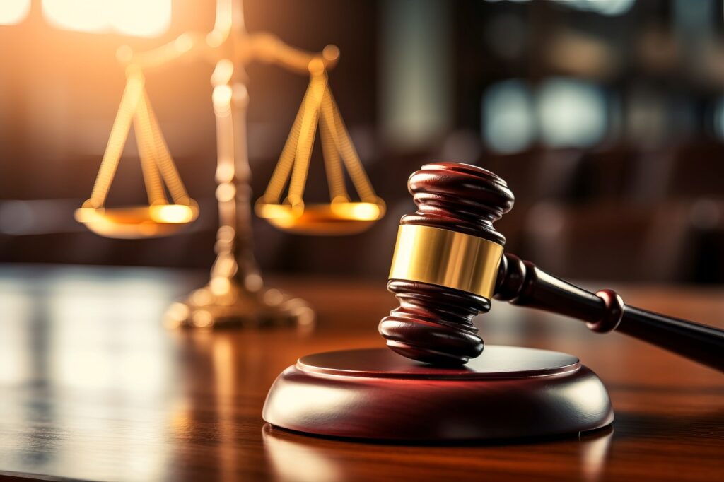 gavel and scale on top of a wooden table