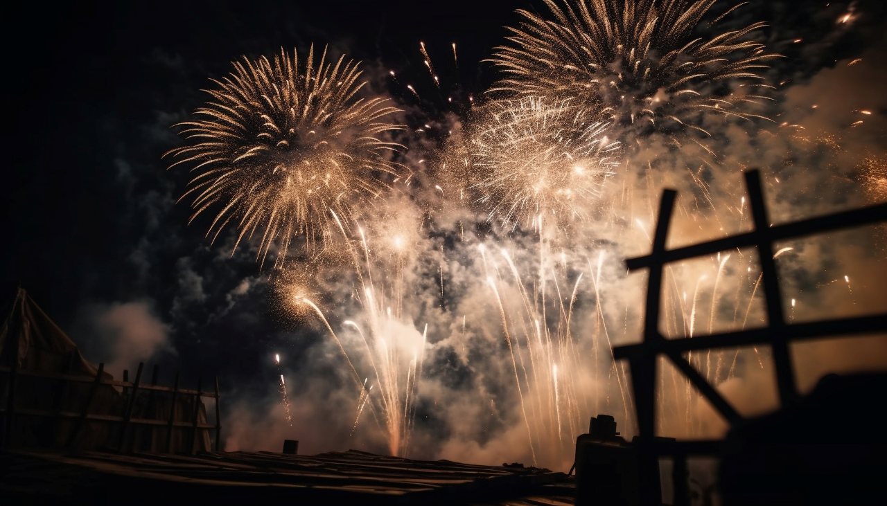 Explosive fireworks light up the dark night sky