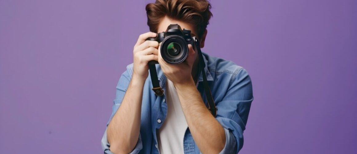 male photographer looking through the lens of camera