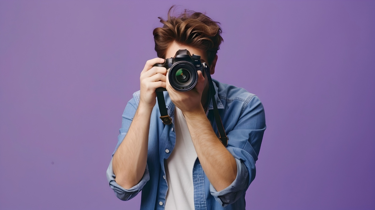 male photographer looking through the lens of camera