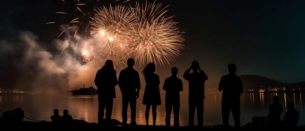 Silhouette of people watching a fireworks show