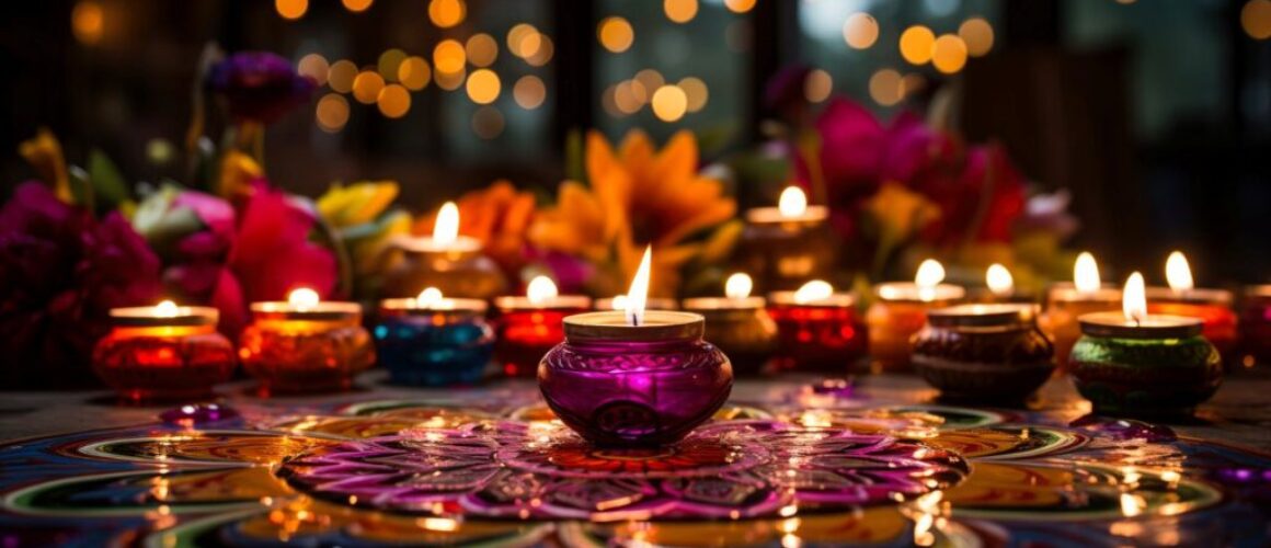 vibrant and colorful spirit of Diwali with diyas rangoli and fireworks