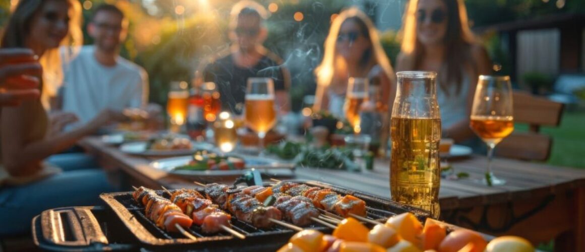 group of friends enjoying a barbecue in a backyard