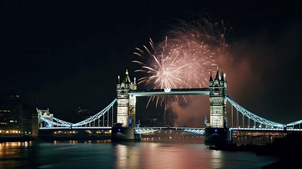 beautiful fireworks above london bridge