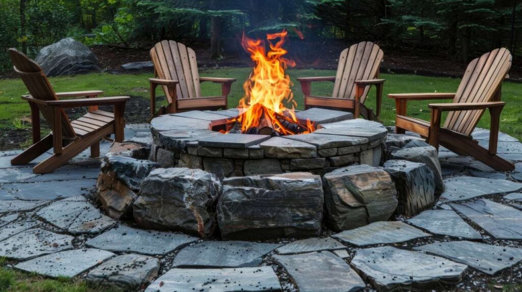
A rustic stone fire pit surrounded by rustic wooden chairs