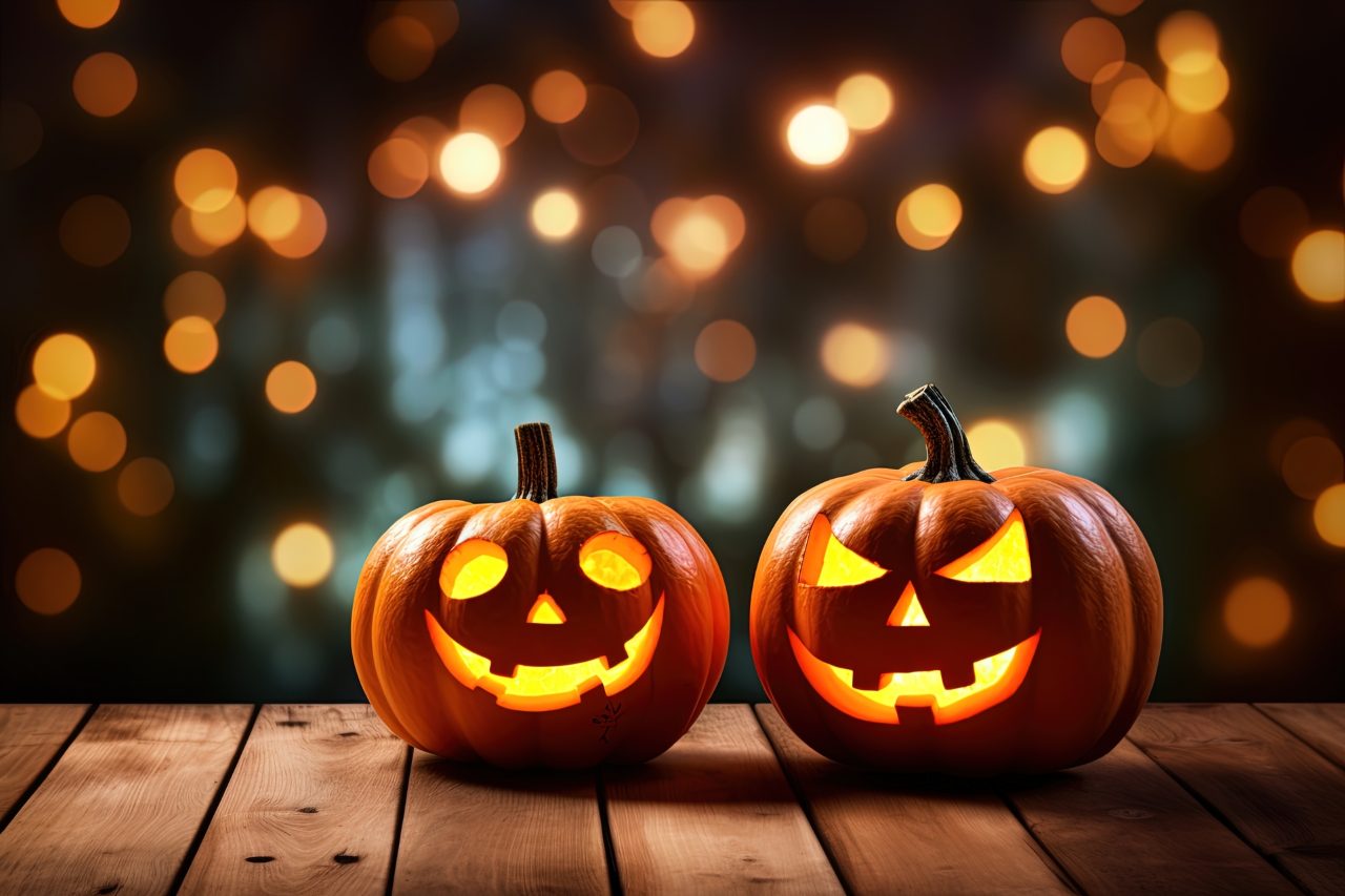Halloween pumpkins on wooden table