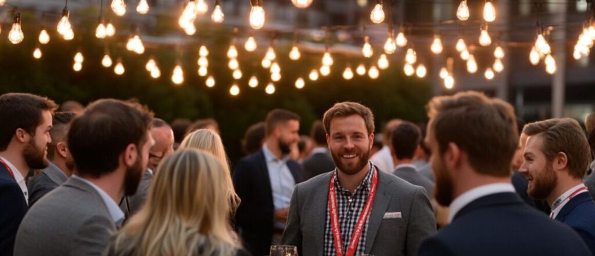 People are gathered around a table at an outdoor corporate event