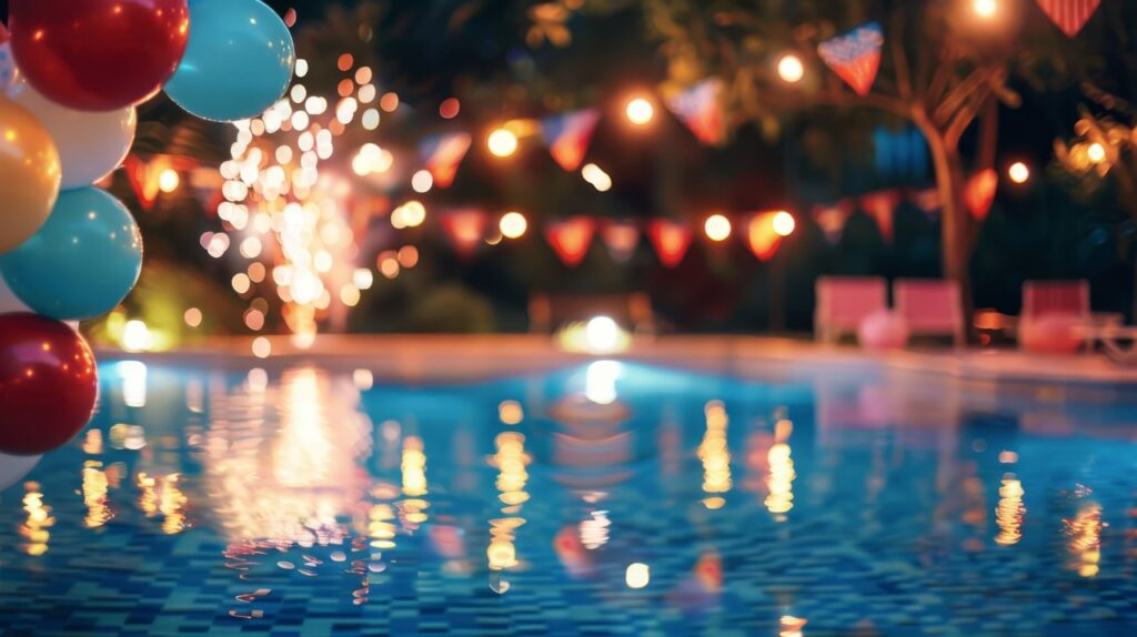 pool party with fireworks at the background