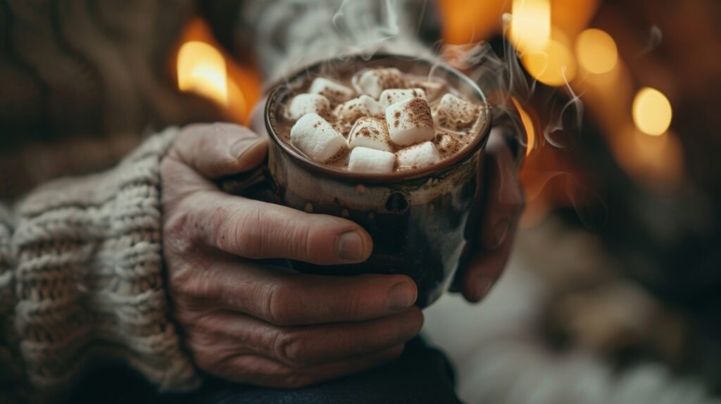 man indulging in a hot cup of cocoa topped with marshmallows and a sprinkle of cinnamon as he winds down for the evening