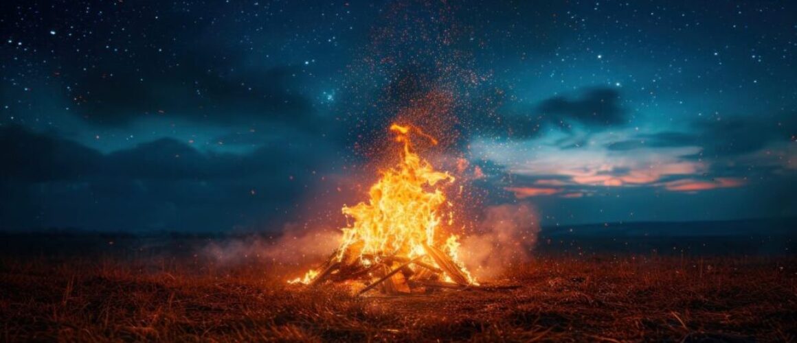 Campfire Burning Bright in Open Field at Night