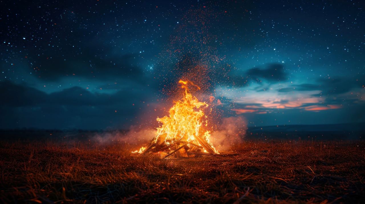 Campfire Burning Bright in Open Field at Night