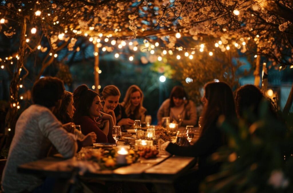 people sitting around a dinner table outdoors, with string lights