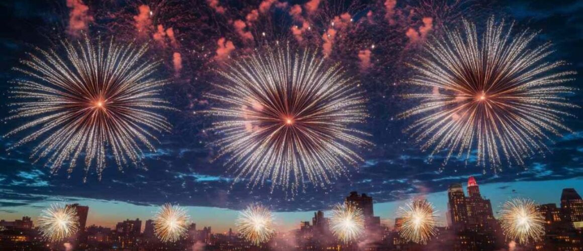 Bright and colourful fireworks exploding in the night sky over a cityscape