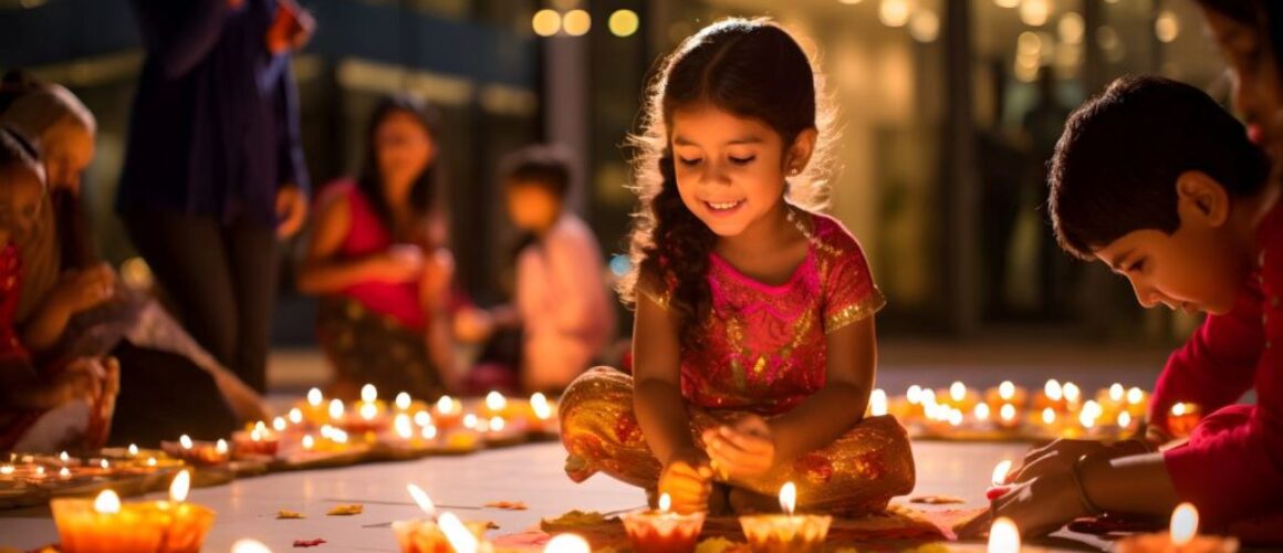 Indian little girl lighting oil lamps and celebrating Diwali, fesitval of lights