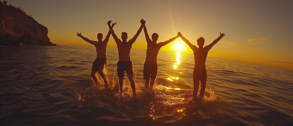 Four friends jumping into the water holding hands at sunset