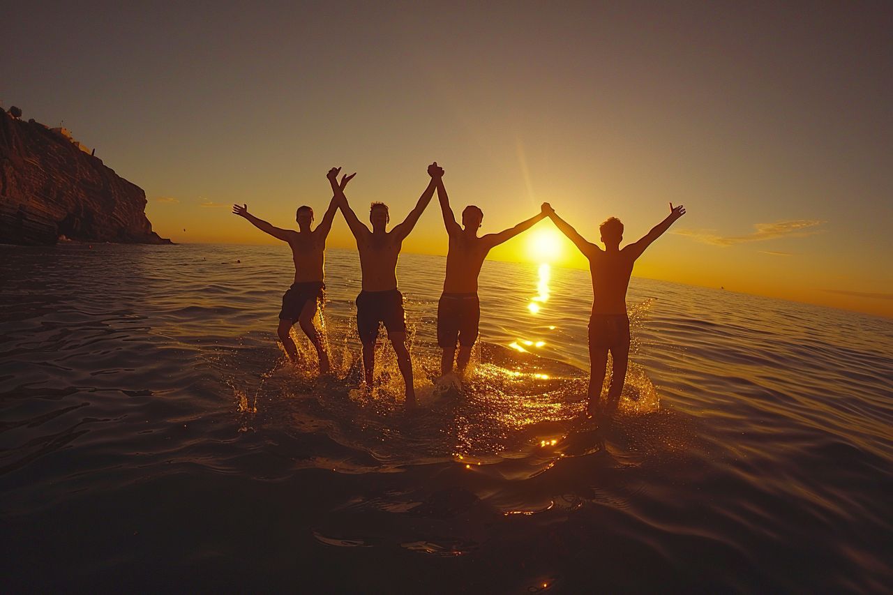 Four friends jumping into the water holding hands at sunset