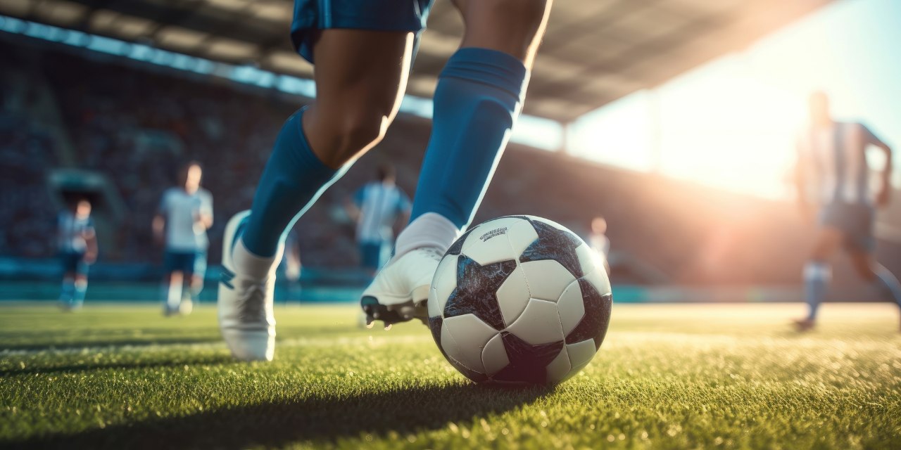 football player kicking a ball in a stadium