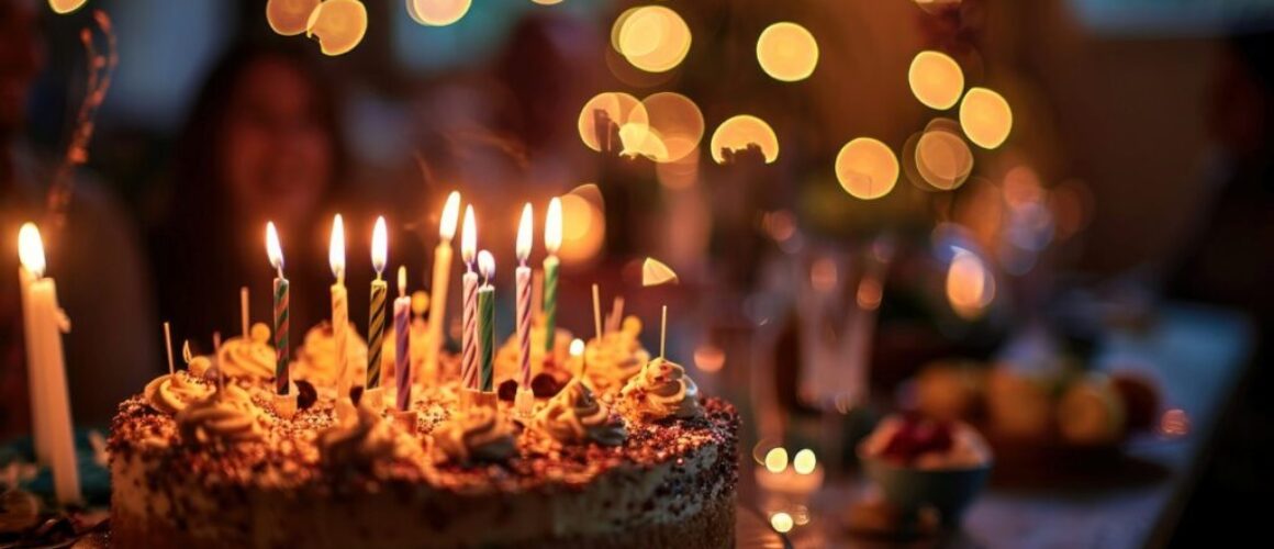birthday cake with candles sitting on a table with balloons