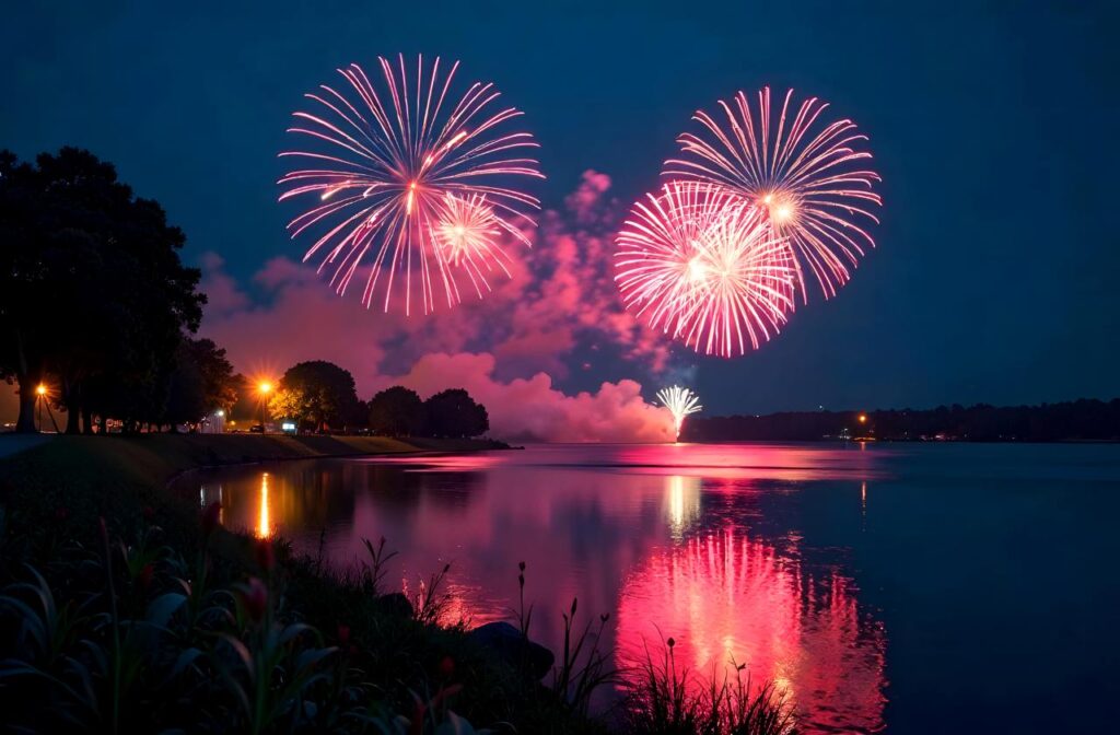 Vibrant fireworks Display Over Water at Night