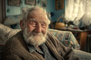 portrait of a smiling, bearded elderly man radiating warmth and joy