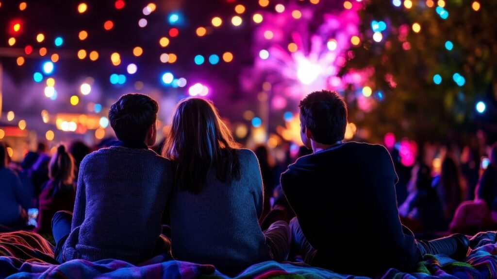 people sitting on a blanket while watching fireworks display
