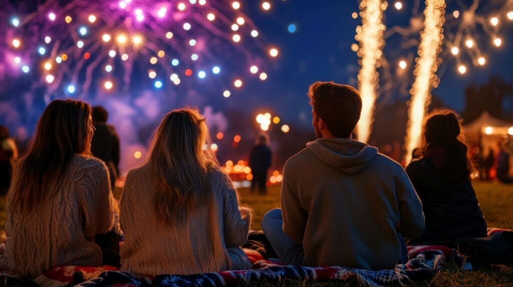 People sitting on the grass watching fireworks