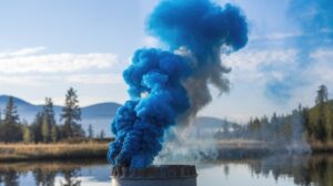 Blue Smoke Emerges From Metal Barrel Near Calm Lake in Montana