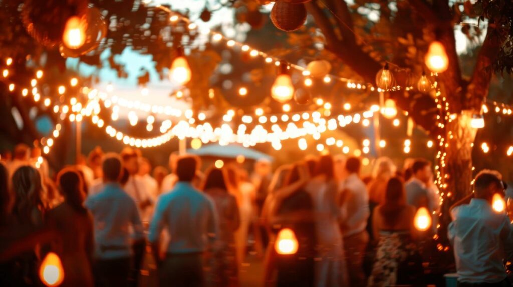 Glowing string lights illuminating garden party image