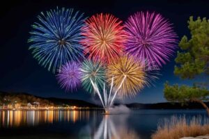Colorful fireworks exploding over lake at night