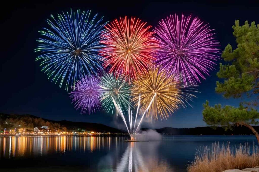 Colorful fireworks exploding over lake at night