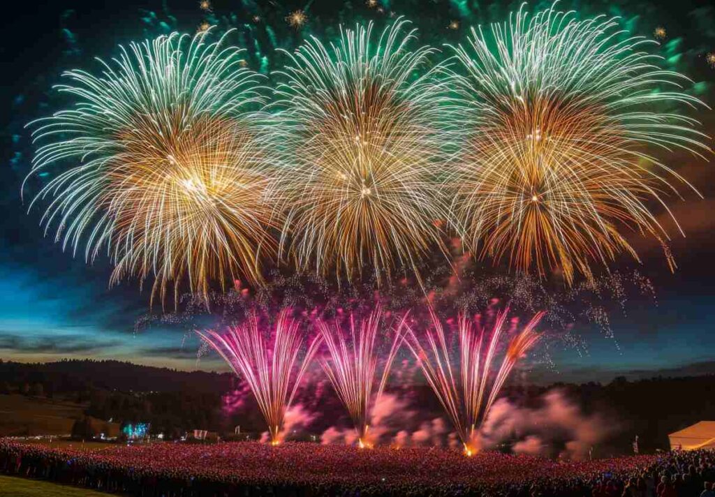 Colorful fireworks lighting up the sky with large bursts