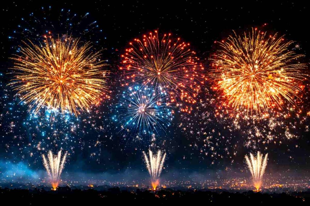 Vibrant Fireworks Display Against Night Sky for New Year and Celebration Themes