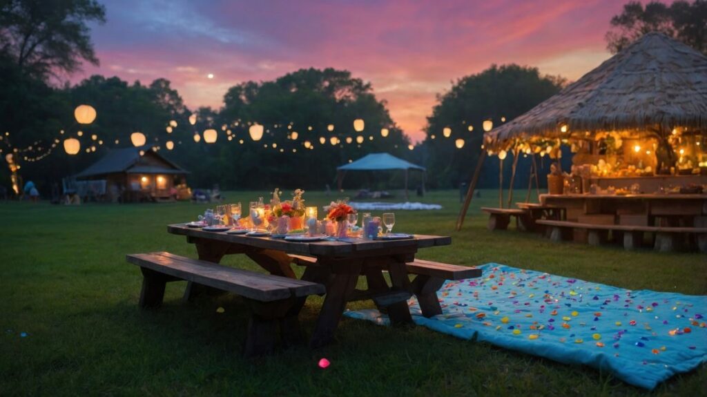 Outdoor evening gathering with decorated tables, string lights, and a thatched-roof hut at sunset