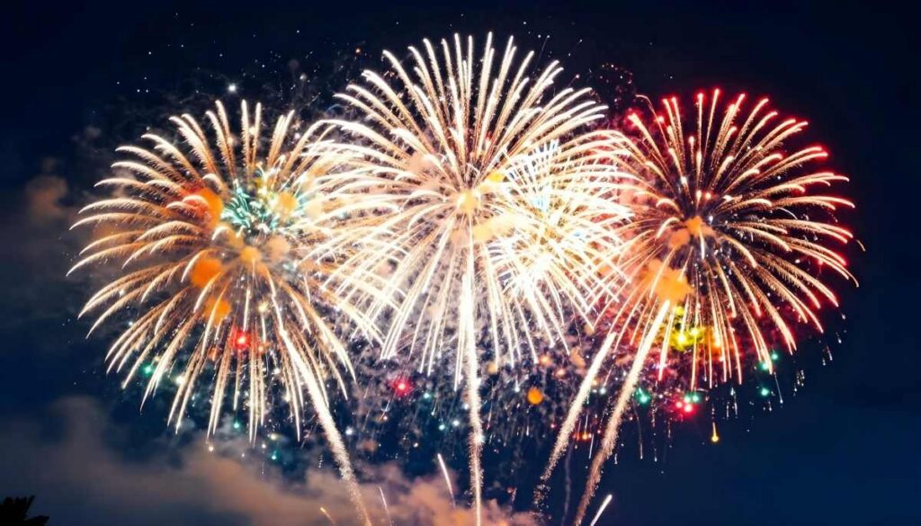 Spectacular fireworks display illuminating the night sky with vibrant bursts of color and light