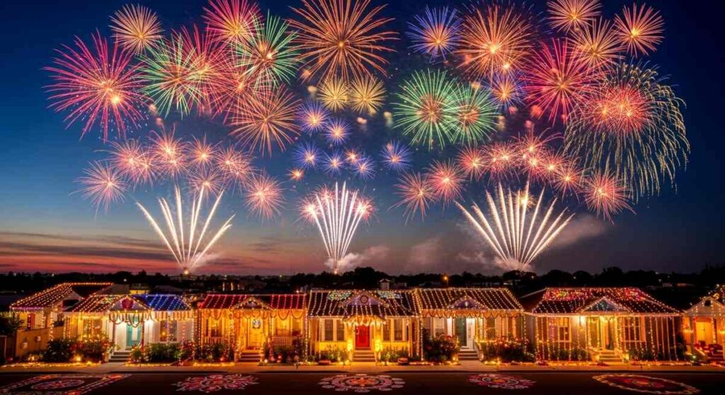 Spectacular Fireworks Display Over Illuminated Neighborhood at Dusk