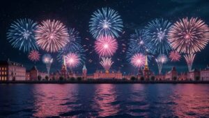 Colorful fireworks exploding over european cityscape at night