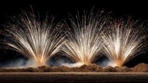 Fireworks display over sandy mounds at night
