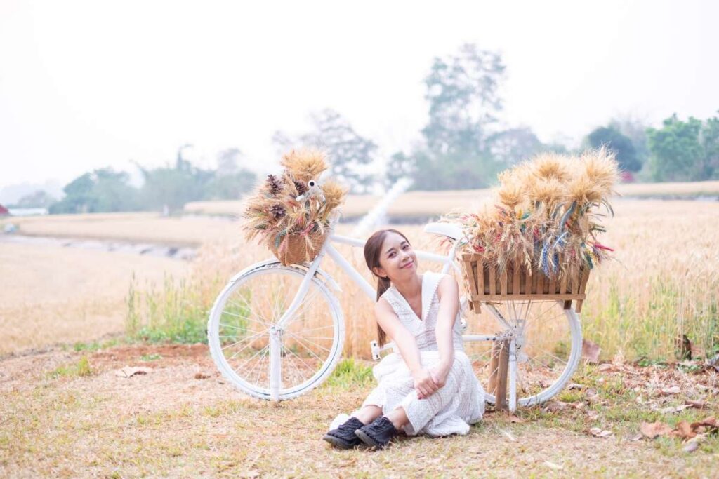 Young Asian women in white dresses in the Barley rice