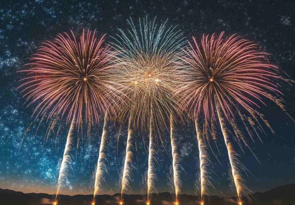 A panoramic view of fireworks with sparkling colors