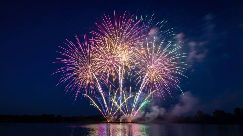 Spectacular colorful fireworks display exploding in the dark night sky with vibrant reflections on the calm water below