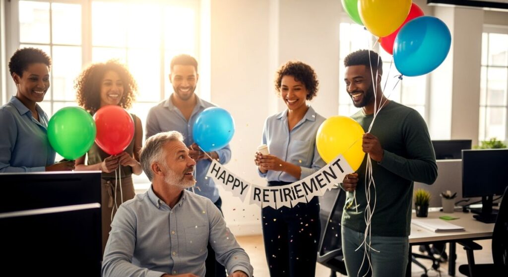 Diverse colleagues celebrate a happy retirement for a senior man in a bright office