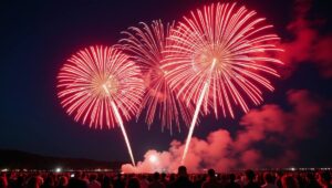 Red fireworks illuminating the night