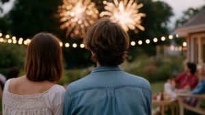 Couple watching fireworks display during Independence Day celebration