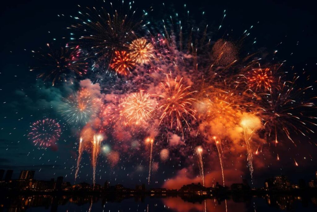 fireworks over the water in the night sky