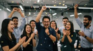 Diverse group celebration with confetti joyful business team success